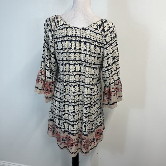 Papillon Blouse Tunic Small Black Coral Floral Boho Lagenlook Peasant Womens - Picture 7 of 8